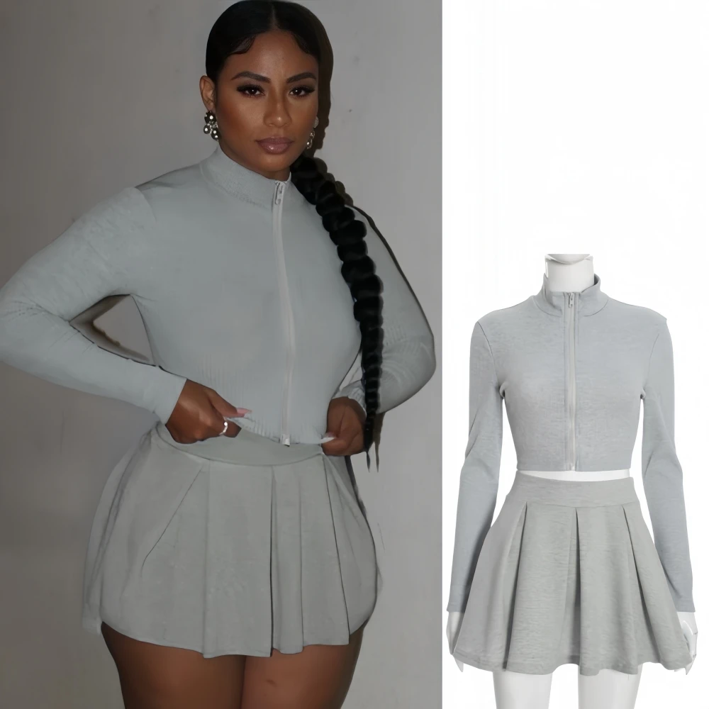 

FAGADOER Fashion Rib 2 Pieces Set for Woman Outfits Solid Color Long Sleeve Zipper Crop Top + Pleated Skirt Female Streetwear