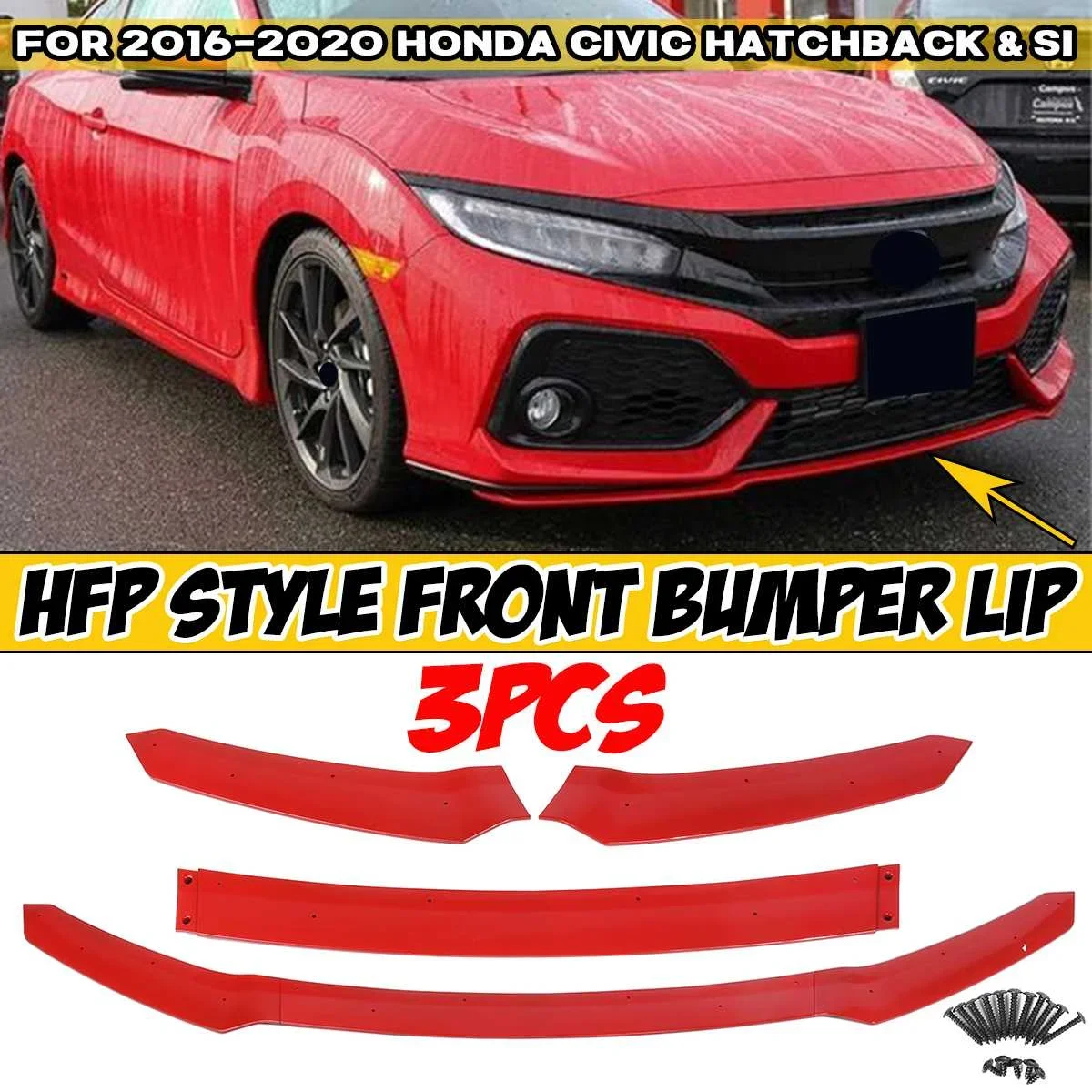 

3x Car Front Bumper Lip Body Kit Spoiler Splitter Diffuser Protection Deflector Lip For Honda For Civic Hatchback & Si 2016-2020