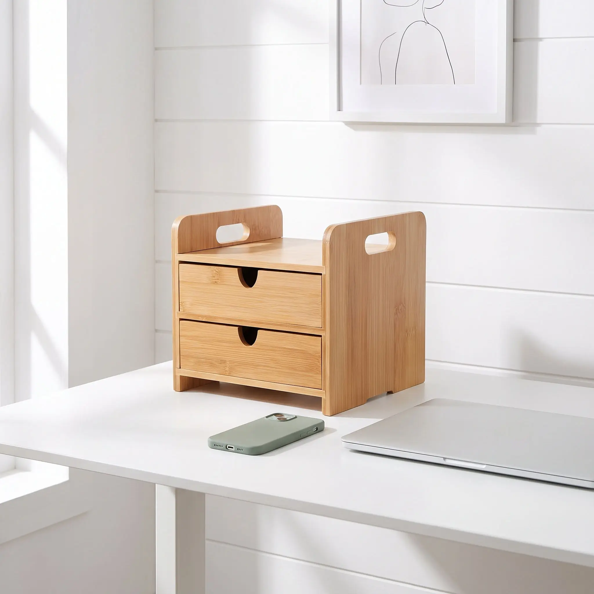 3-Tier Bamboo Desktop Storage Organizer Box 2 Drawers Smooth Surface Stylish Tabletop Craft Makeup Jewelry Holder