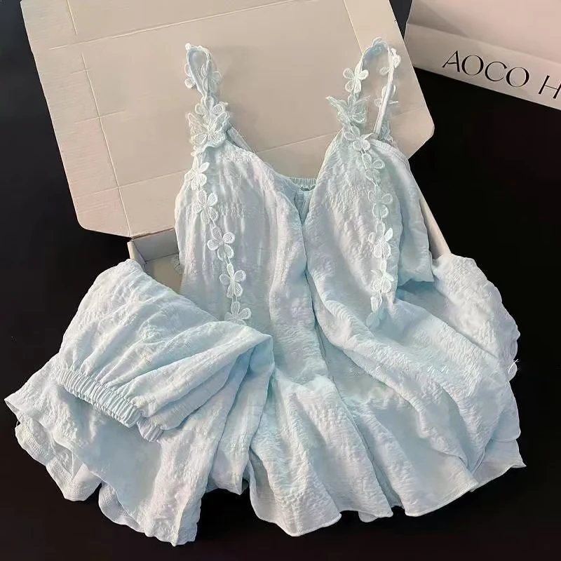 Casual Home Loose Flower With Chest Pad Summer Suspender Shorts Pajamas Set