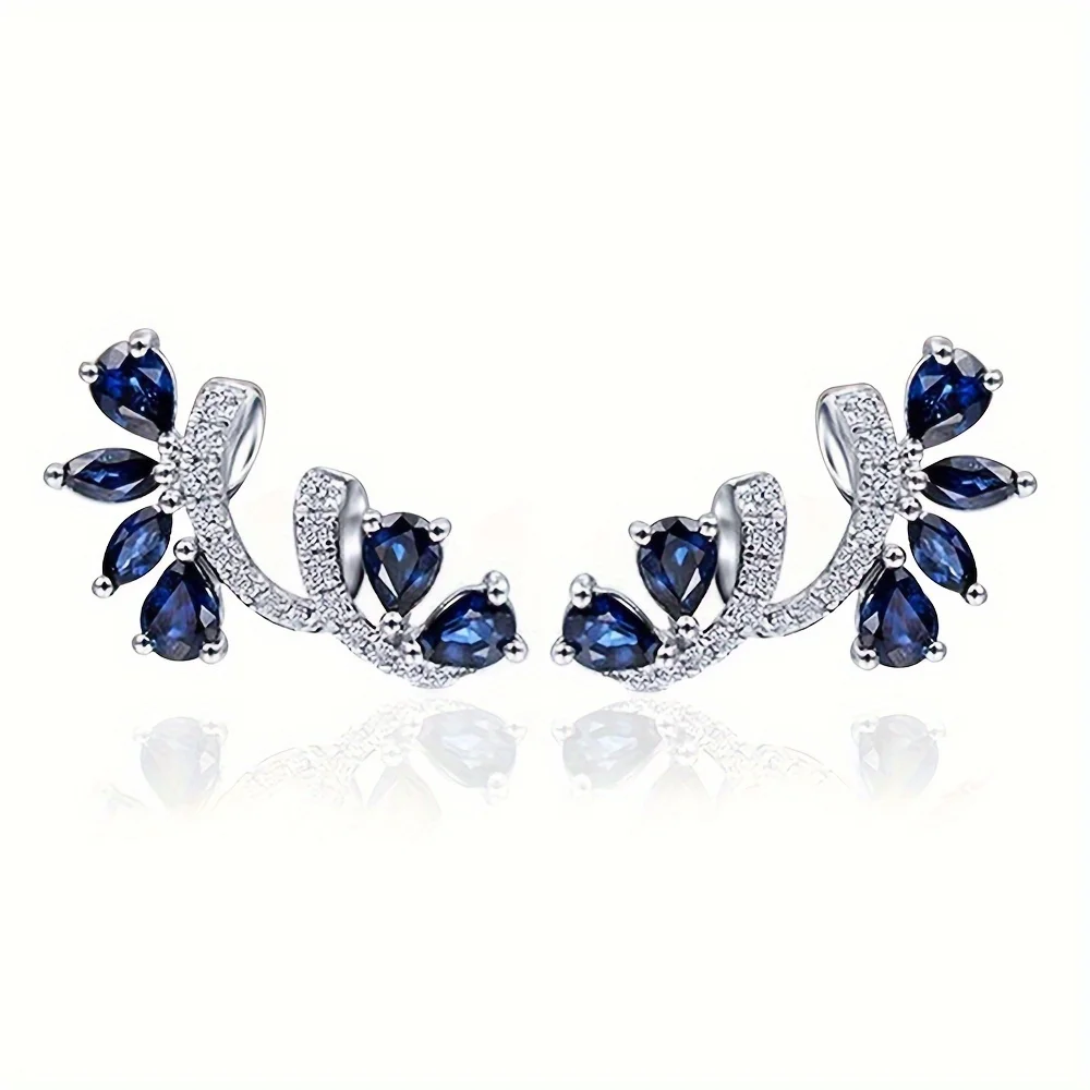 Ladies' Blue Treasure Leaf shaped Ear Crawling Earrings Vine Cube Zirconia Inlaid Earrings Exquisite Earrings Daily Commuting