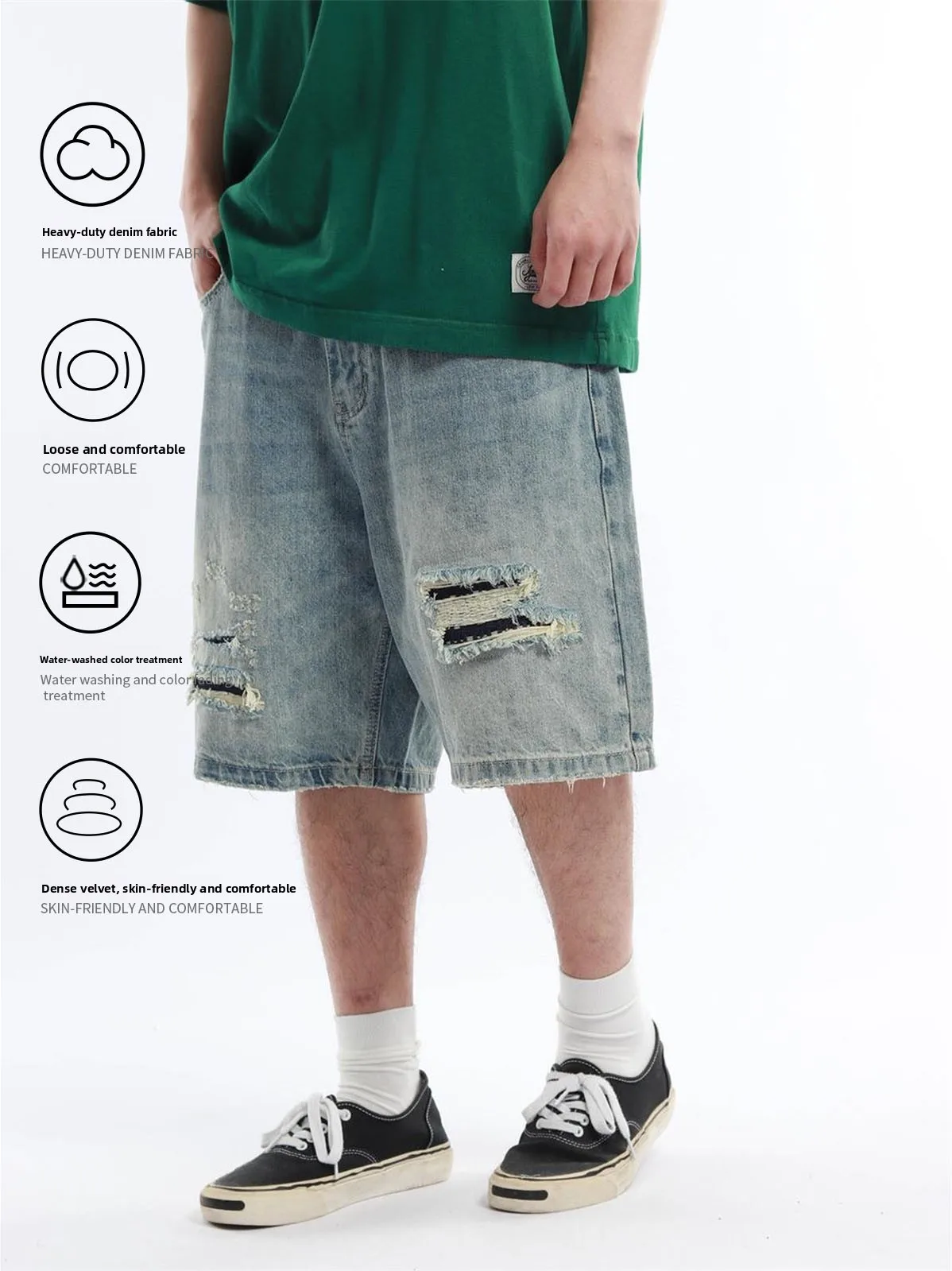New 13OZ Washed Hand-Sewn Loose Men's Denim Shorts Vintage Workwear Five-Pocket Style Casual Fashion Urban Multi-Occasion