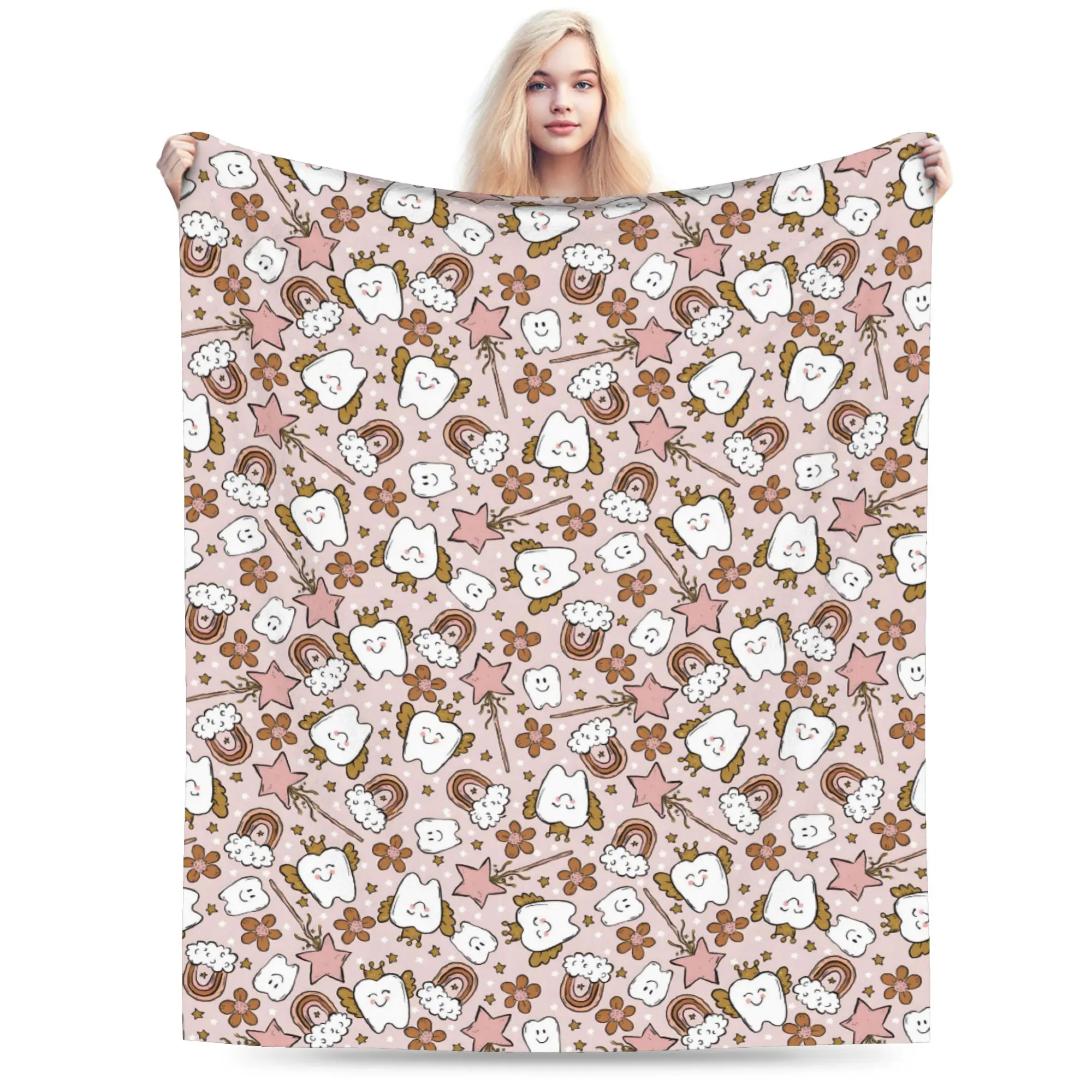 Custom Tooth Fairy Pattern Teeth Blankets Comfortable Soft Flannel Autumn Dental Health Throw Blanket for Couch Home Bedding
