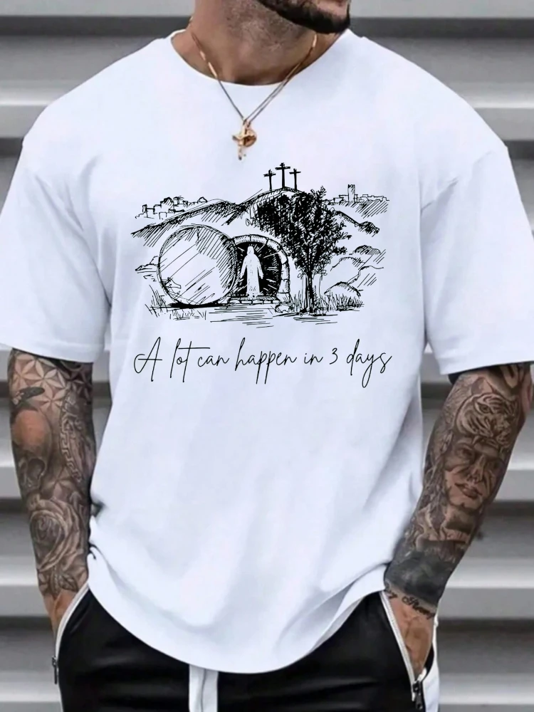 

Religious Inspirational-"A Lot Can Happen in 3 Days"Bible Graphic Tee(Empty Tomb Design)-100% cotton printed men's T-shirt.