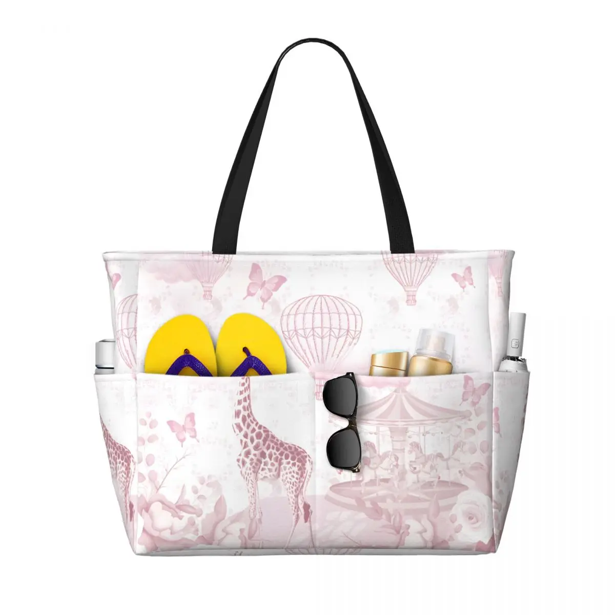 

Large Capacity BeachTravel Bag Pink-Animals-Giraffe Large Tote Beach Bag Shopping Bags Underarm Shoulder Bag