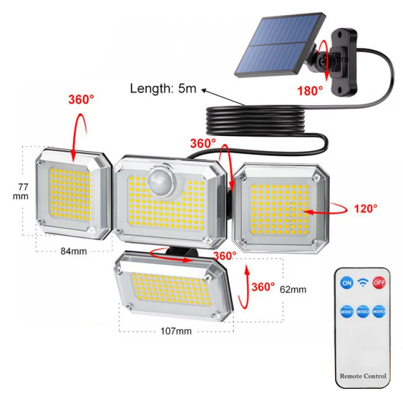 防水ソーラーウォールランプ,調整可能なヘッド付き,333 LED, 5mワイヤー長,モーションセンサー,誘導,IP65,防水