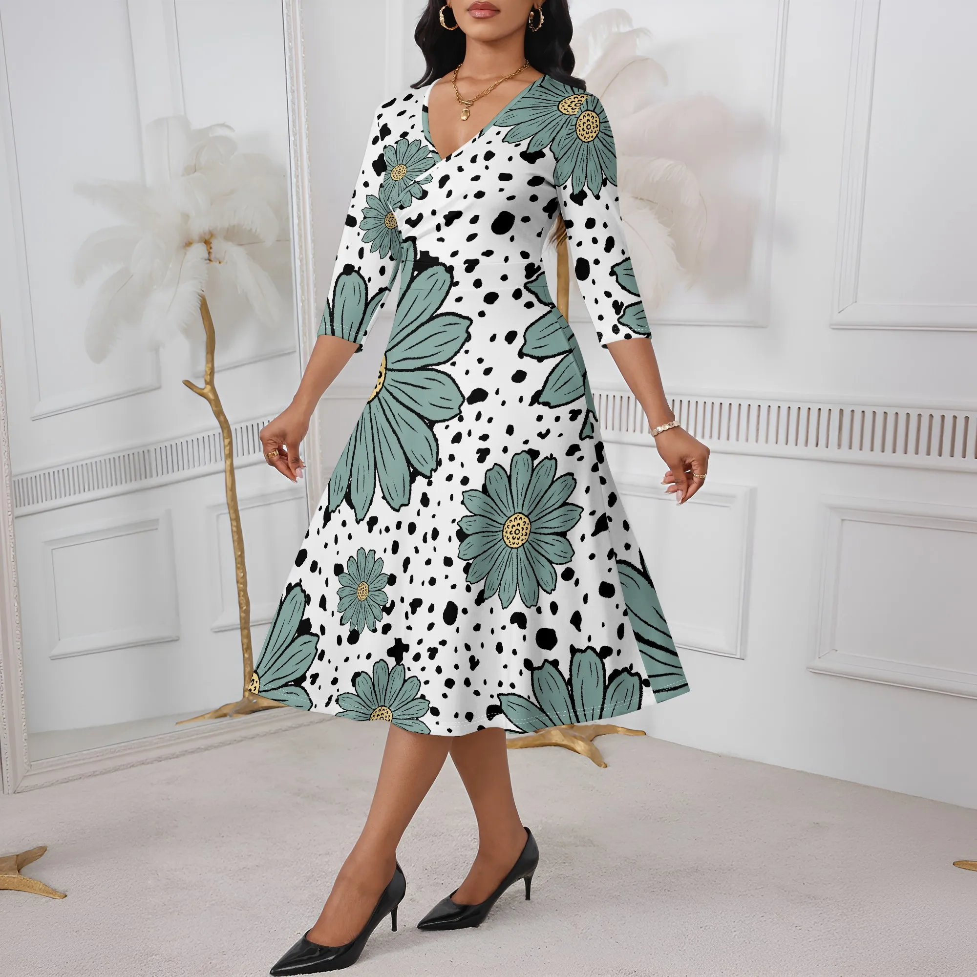 

Green Floral Polka Dot Midi Dress XS-3XL Retro Style for Sunday Brunch, Church or Afro Summer Festival