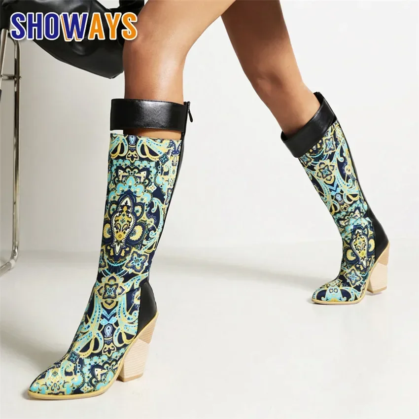 Knee High Boots Women Cowboy Wedge Heels Flower Black Brown Blue Denim Club Party Western Pointed Toe Cowgirl Zipper Long Boots