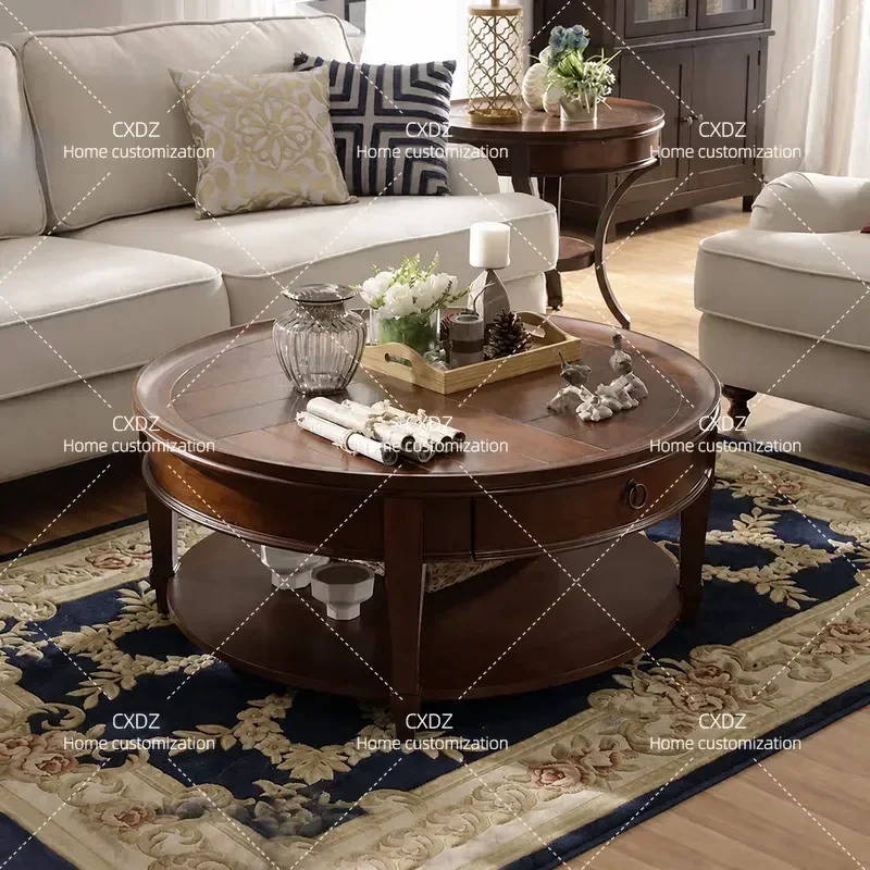Solid Wood Round Coffee Table Retro Oak Living Room Furniture Small Apartment Balcony Tea Table Medieval Style Home Decor