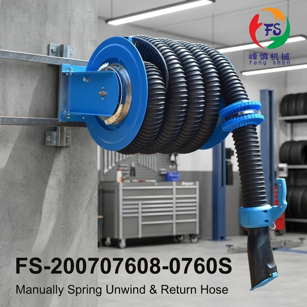 CE ISO Fengshen Spring Retractable Exhaust Hose Reel, Auto Rewind Car Exhaust Reel with High Temp Hose for Auto Workshop