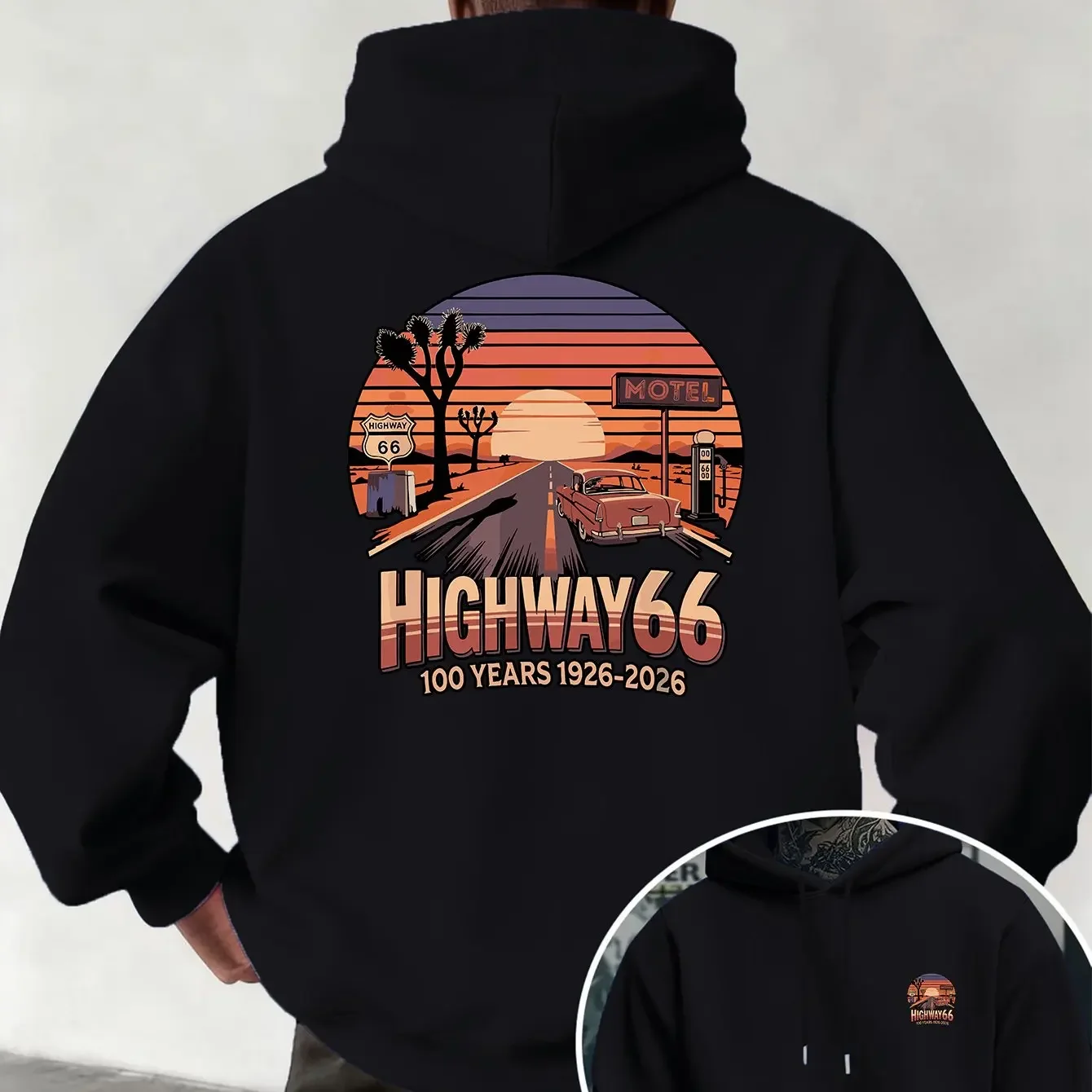 Highway 66 Centennial Retro Road Trip Double Print Unisex Oversized Biker Travel Hobby Birthday Gift Fleece Hoodie