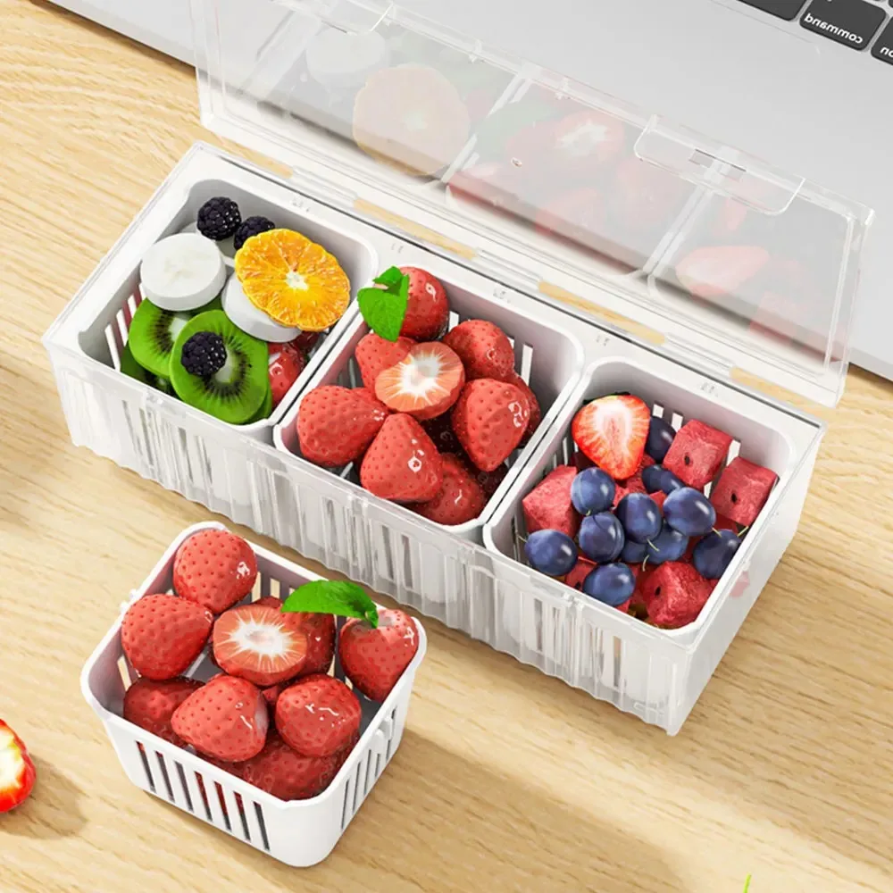 3 Compartments Spices Fresh Keep Storage Box Detachable Prevents Odor Transfer Refrigerator Fruit Organizer with Lid Drainable