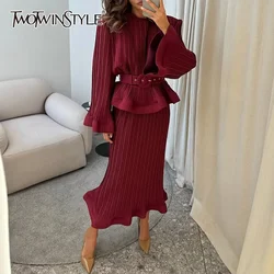 TWOTWINSTYLE Elegant Two Piece Set For Women O Neck Long Sleeve Spliced Ruffles Tops High Waist Skirt Sets Female Fashion New