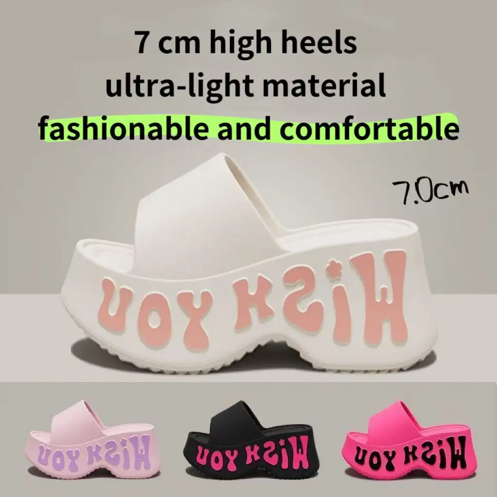 

Новые модные женские тапочки на платформе из ЭВА, лето 2022, босоножки на танкетке с буквенным принтом, женские босоножки на толстой подошве без