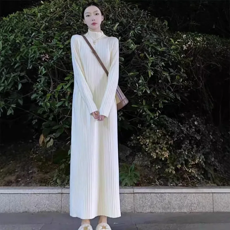 Novo casaco com camada de base, outono e inverno grosso reto gola alta vestido de pele longa, vestido de malha solta feminino elegante