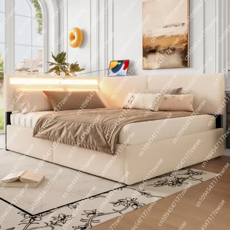 Luxury Beige USB Charging Design LED Light Two Storage Drawers Solid Wood Legs Upholstered Bed Frame for Bedroom