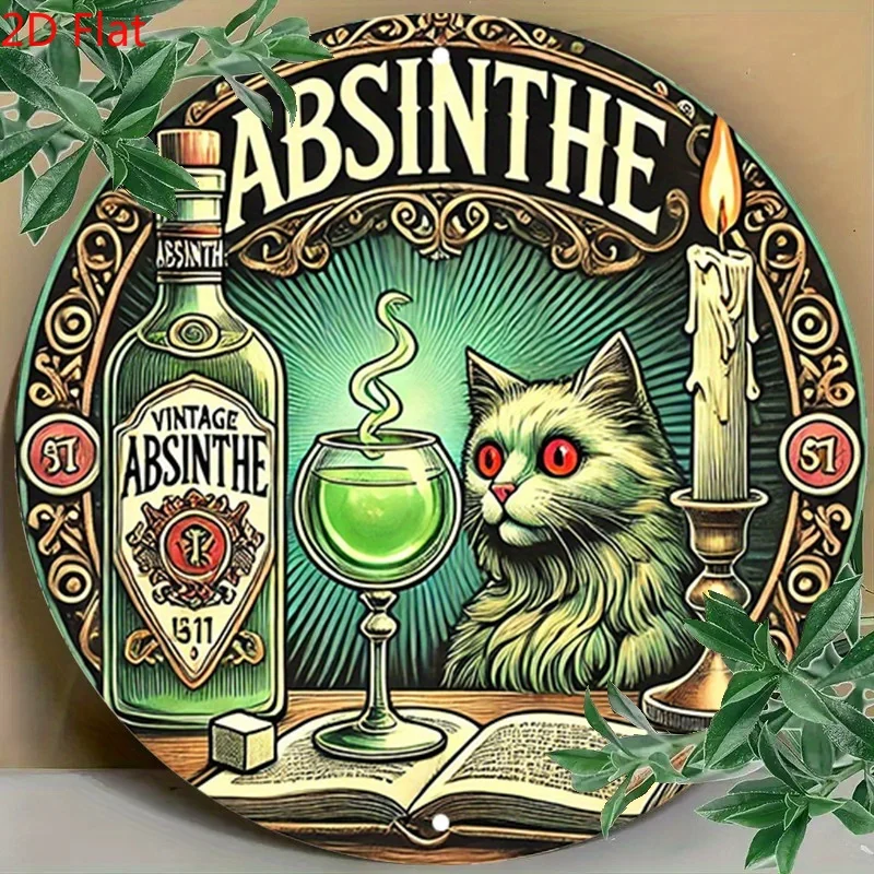 Letrero de metal redondo para gatos y bebidas verdes, diseño plano 2DF, adornado con una delicada estructura dorada, adecuado para bares y cafeterías