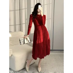 Miyake Pleated Dress Women's New Fashion Long-sleeved Slim Temperament Commuter Casual Medium-length Dresses