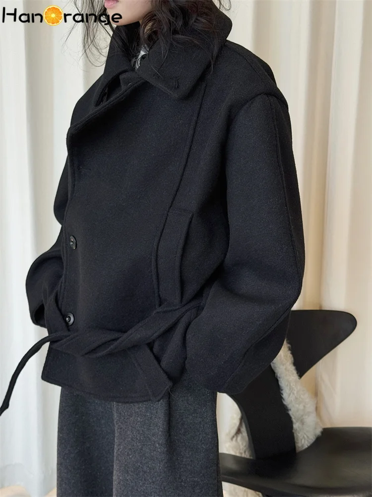 HanOrange 2026 Winter Single Sided Blend Coat Women with Belt Double Layer Front Placket Warm Coat Black/Coffee