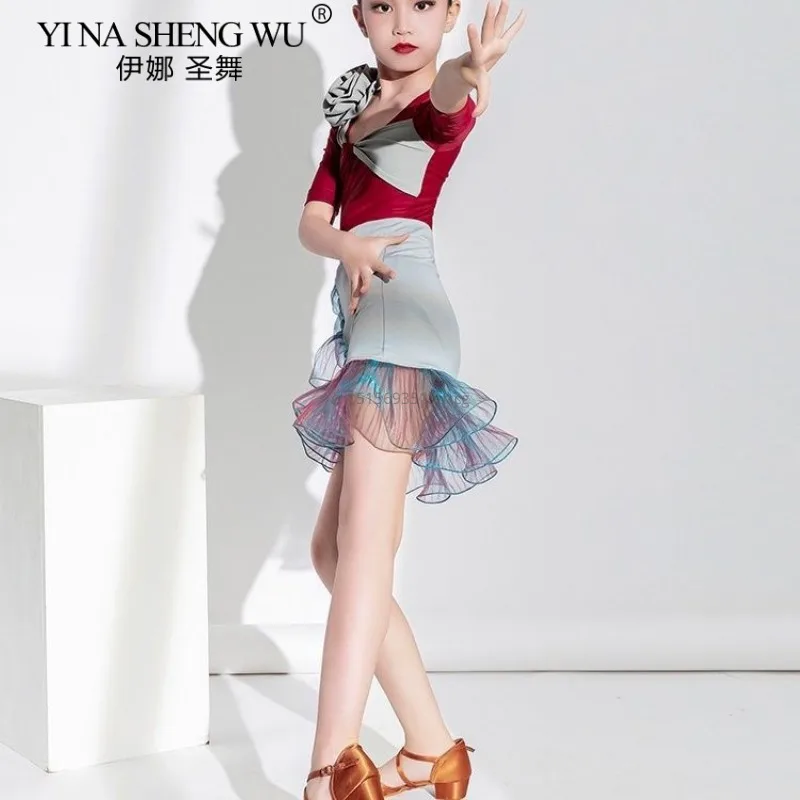 Dziewczęcy strój do tańca latynoamerykańskiego salsa rumba samba, 2-częściowy zestaw, sukienka balowa z frędzlami dla dzieci, strój na konkurs taneczny dla dziewcząt, strój do tańca latynoamerykańskiego.