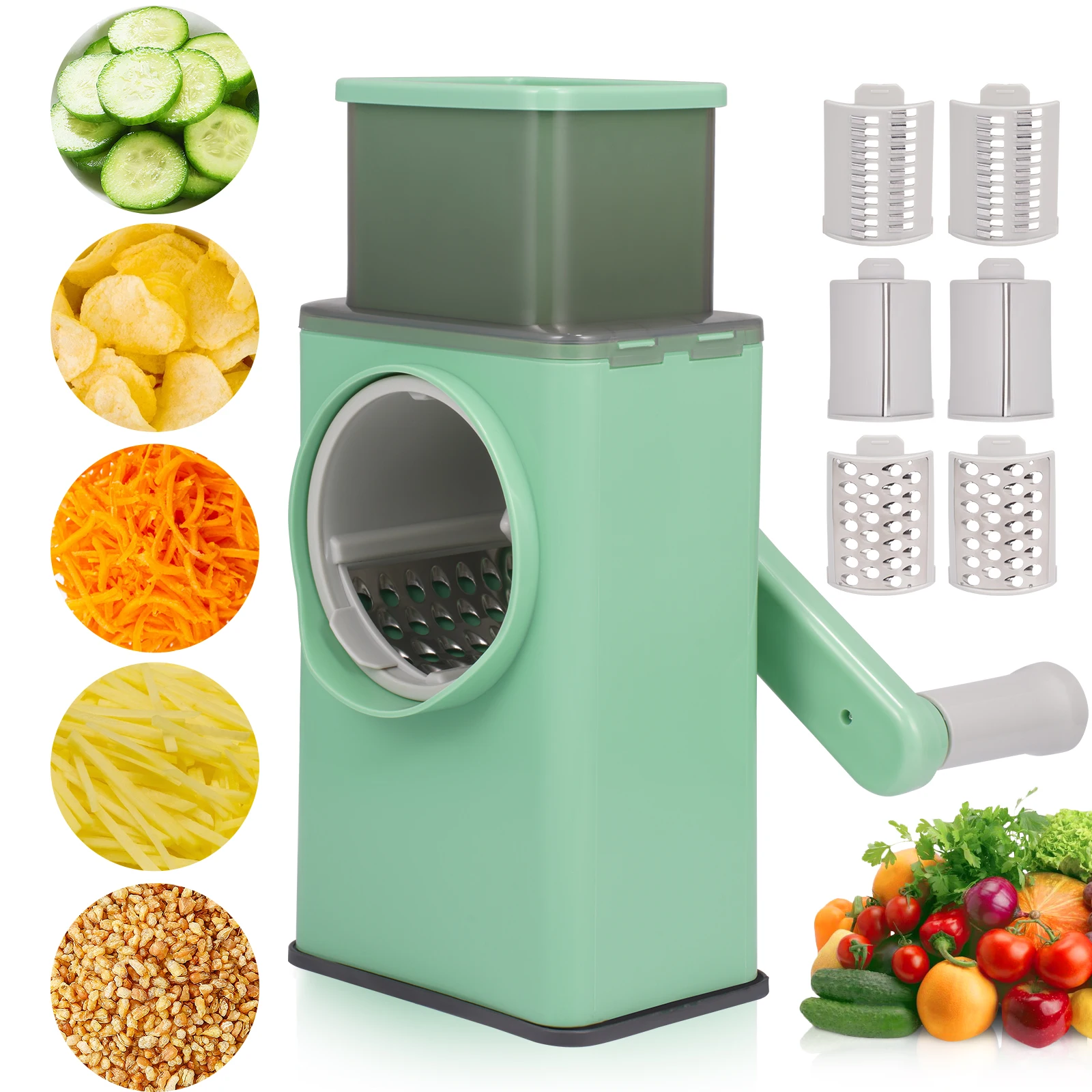 Manual Cheese Grater with Crank 4 in 1 Chopper for Cutting Vegetables and Fruit 3 Removable Roller Blades