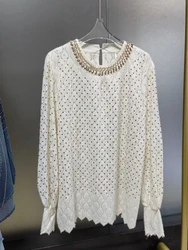 New In Autumn 2026 Sparkle Diamonds Stitch Oversized Long Lace Blouses Shirts For Women's Long Sleeve Casual Tops Blusas