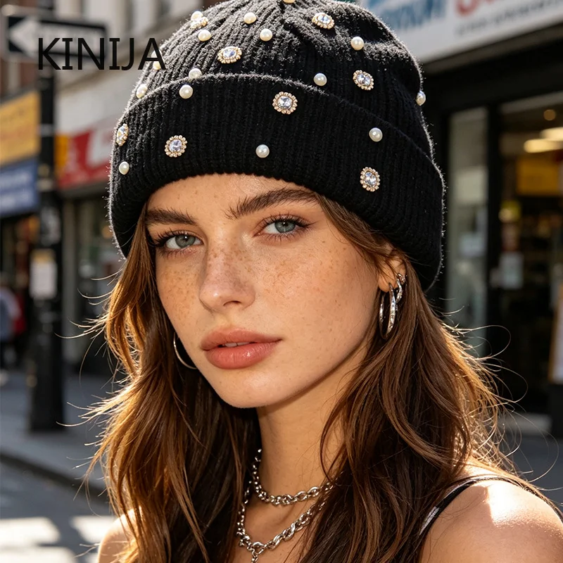 Winter Knit Beanie Hat Pearl Rhinestone Decor Cuffed Skull Cap Elastic Warm Soft Knitted Hat Fashion Party Daily Ladies Headwear