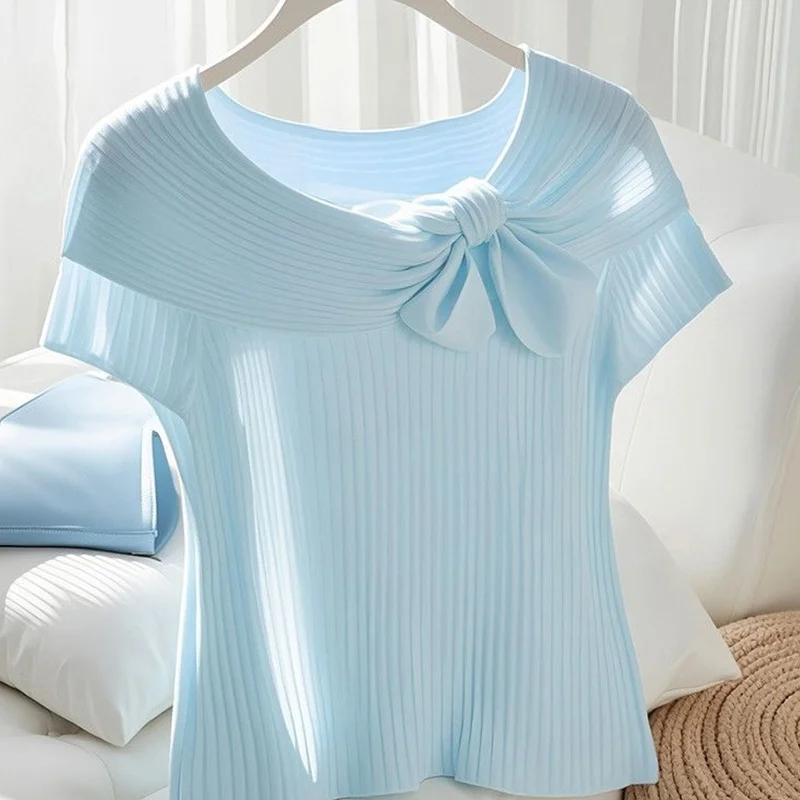 2026 Summer New Simplicity Elegant Bow Knitting Pullovers Women Clothing Fashion All-match Solid Color Short Sleeve Top Tee