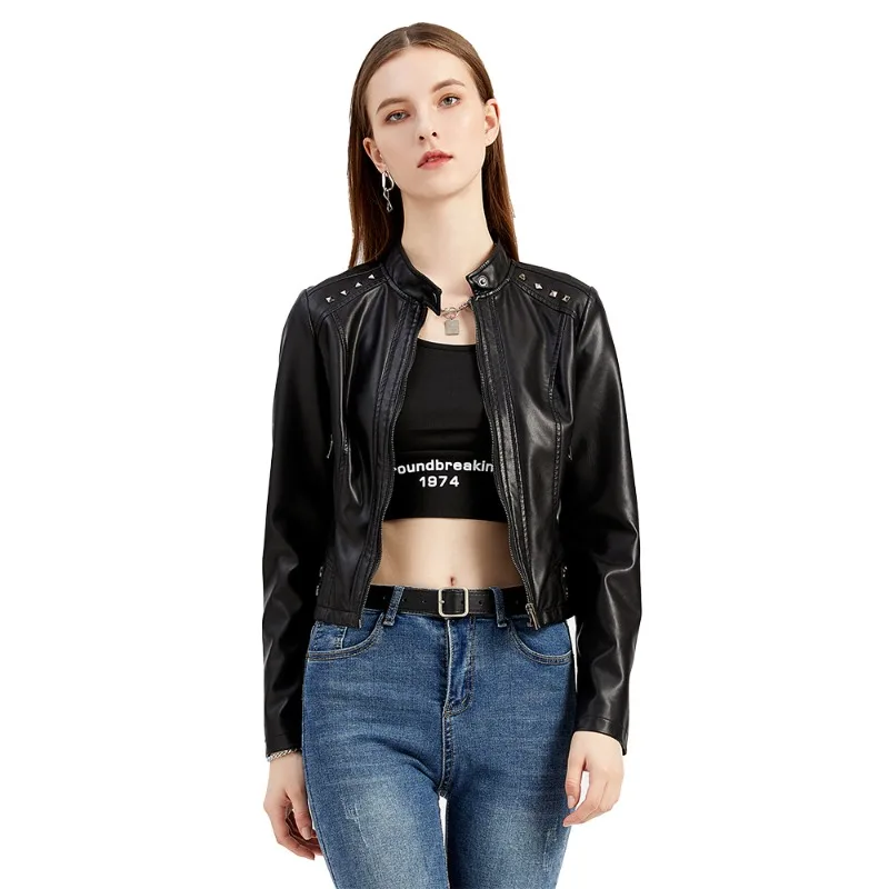 New in Jackets Zipper Rivet Women's Coat 2025 Autumn Long Sleeves Stand Collar Fashion Coat Femme Red Black Brown Leather Jacket