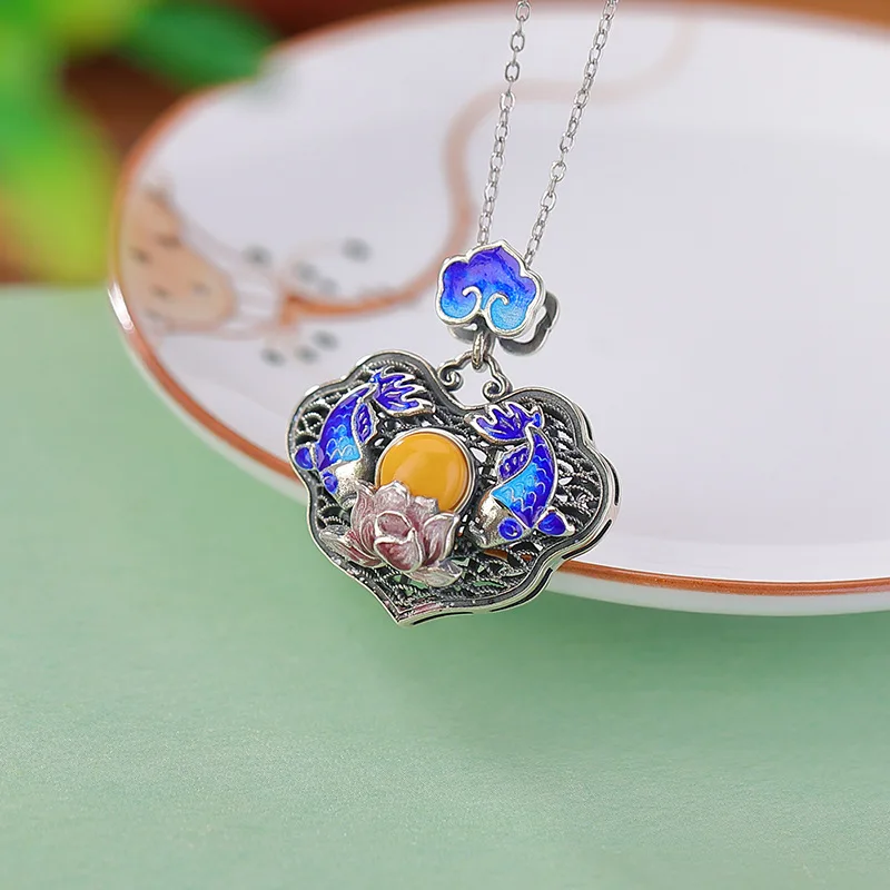

S925 Sterling Silver Amber Enamel Good Luck Carp Lock Pendant Ruyi Hanging Ornament