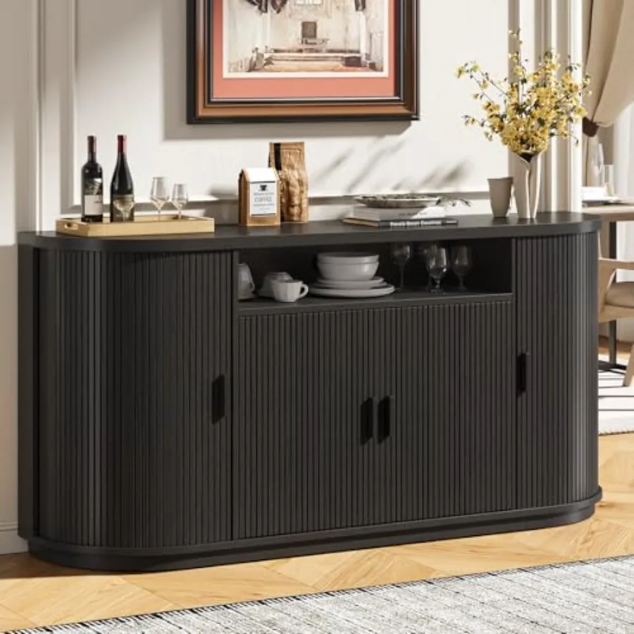 63 Sideboard Buffet Cabinet with Storage for Dining Room, Engineered Wood in Matte Black, Fluted Texture and Hidden Compartment