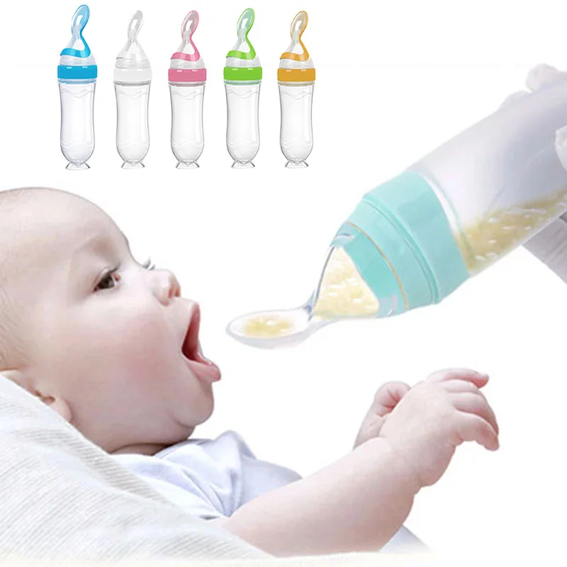 1Pcs Baby Squeeze Feeding Bottle Infant Milk Cereal Spoon Feeder Safe Silicone Feeding Supplement Baby Feed Help Training Spoons