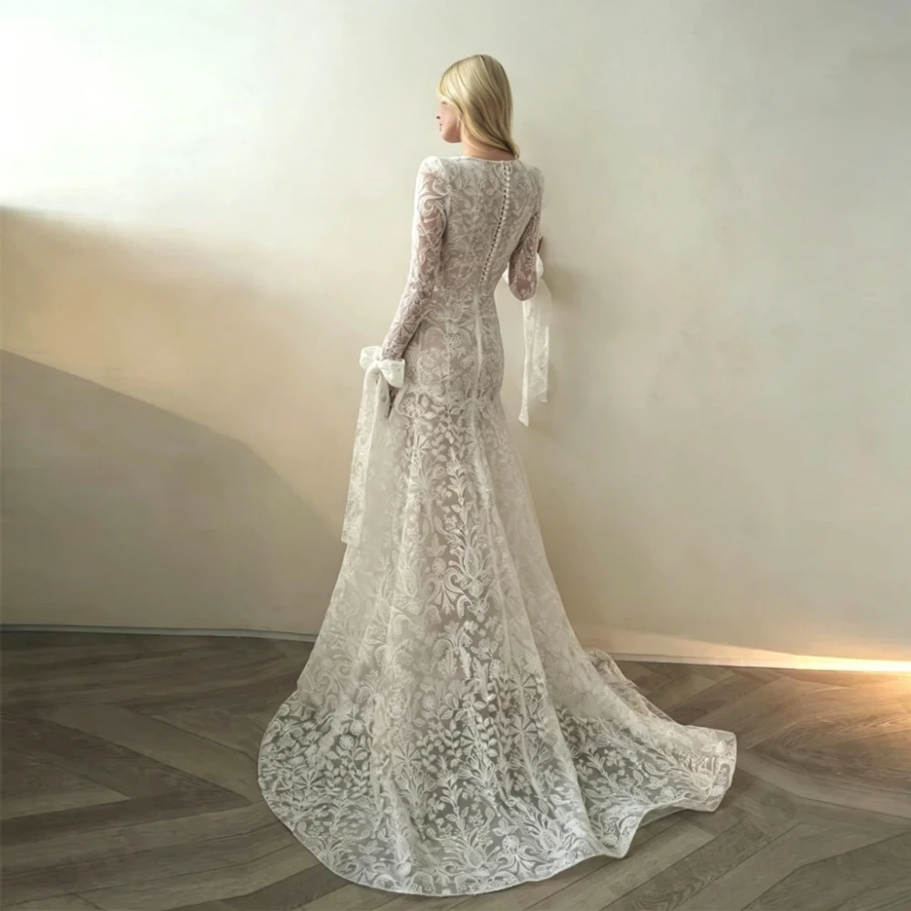 Customized Simple lvory Lace Wedding Dress O Neck Full Sleeves Bow Mermaid Formal Bride Gowns Sweap Train Modest Prom Dress Robe