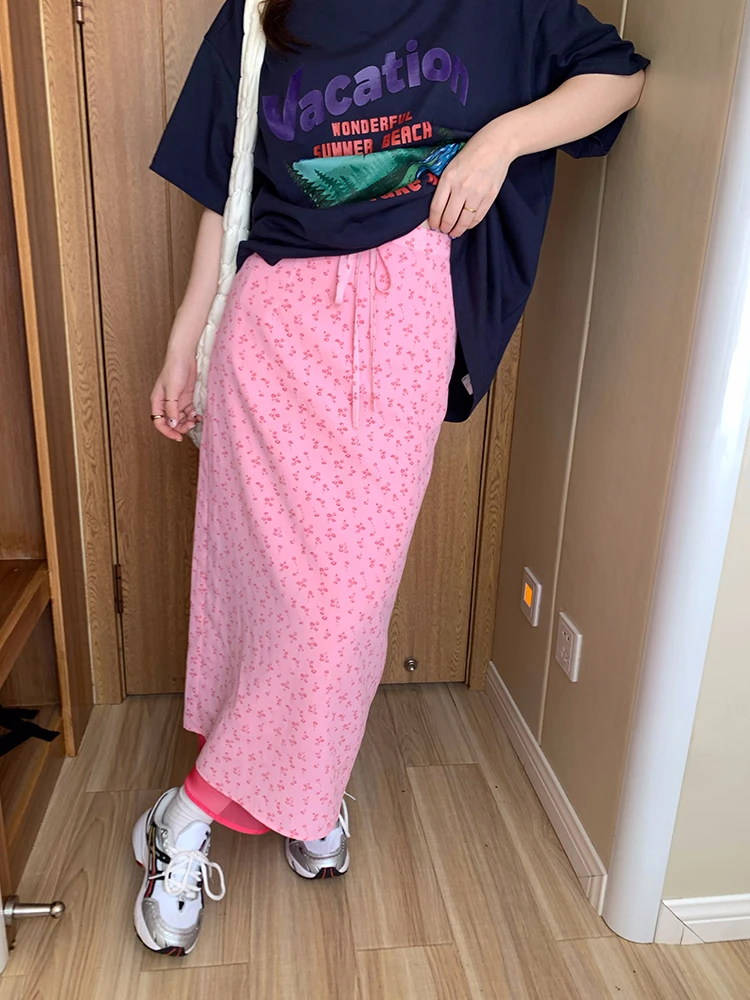 

Корейская женская юбка с цветочным принтом, нежно-розовая, тонкая, средней длины, А-силуэт, летняя, длинная юбка
