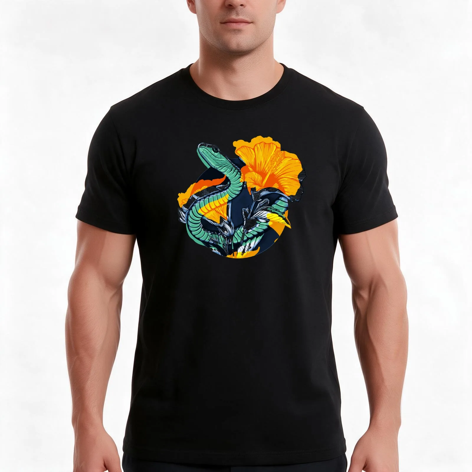 Tropical snake and flowers T-Shirt, Summer Casual Cotton Tee, Oversized Streetwear Tops, Vintage Graphic Print, Unisex Men Women