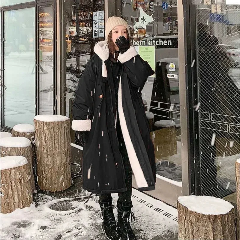 Lamb wool Cotton Jacket Women's Korea Loose 2024 New Winter Plus velvet Snow Parkas Warm Hooded Coat Casual Female Long Overcoat