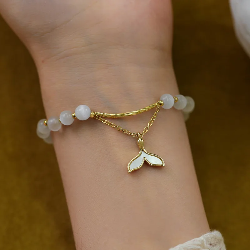 Minar Korea Clear Opal Natural Stone Fritillary Mermaid Tail Beads Charm Bracelets for Women 14K Real Gold Plating Copper Strand