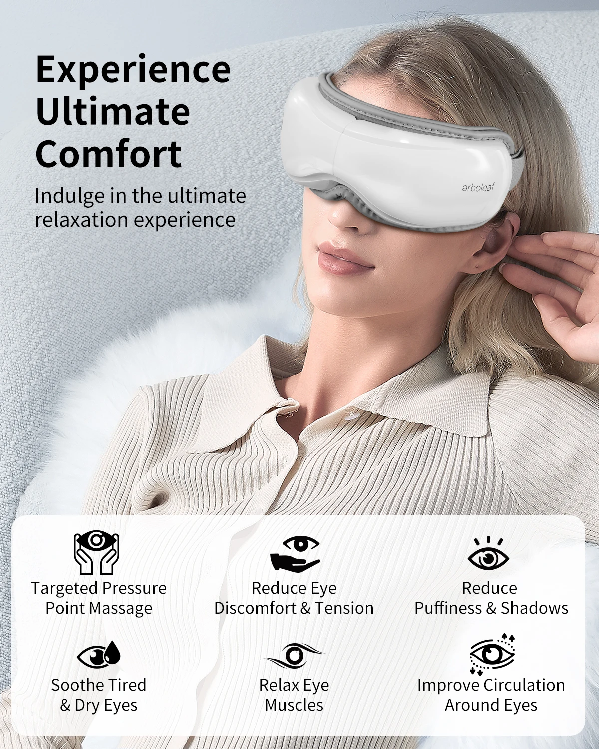 Arboleaf Eye Massager with Heat & Compression, 3 Heat Levels, 5 Massage Modes, Bluetooth Music, Foldable Rechargeable Eye Mask for Relaxation