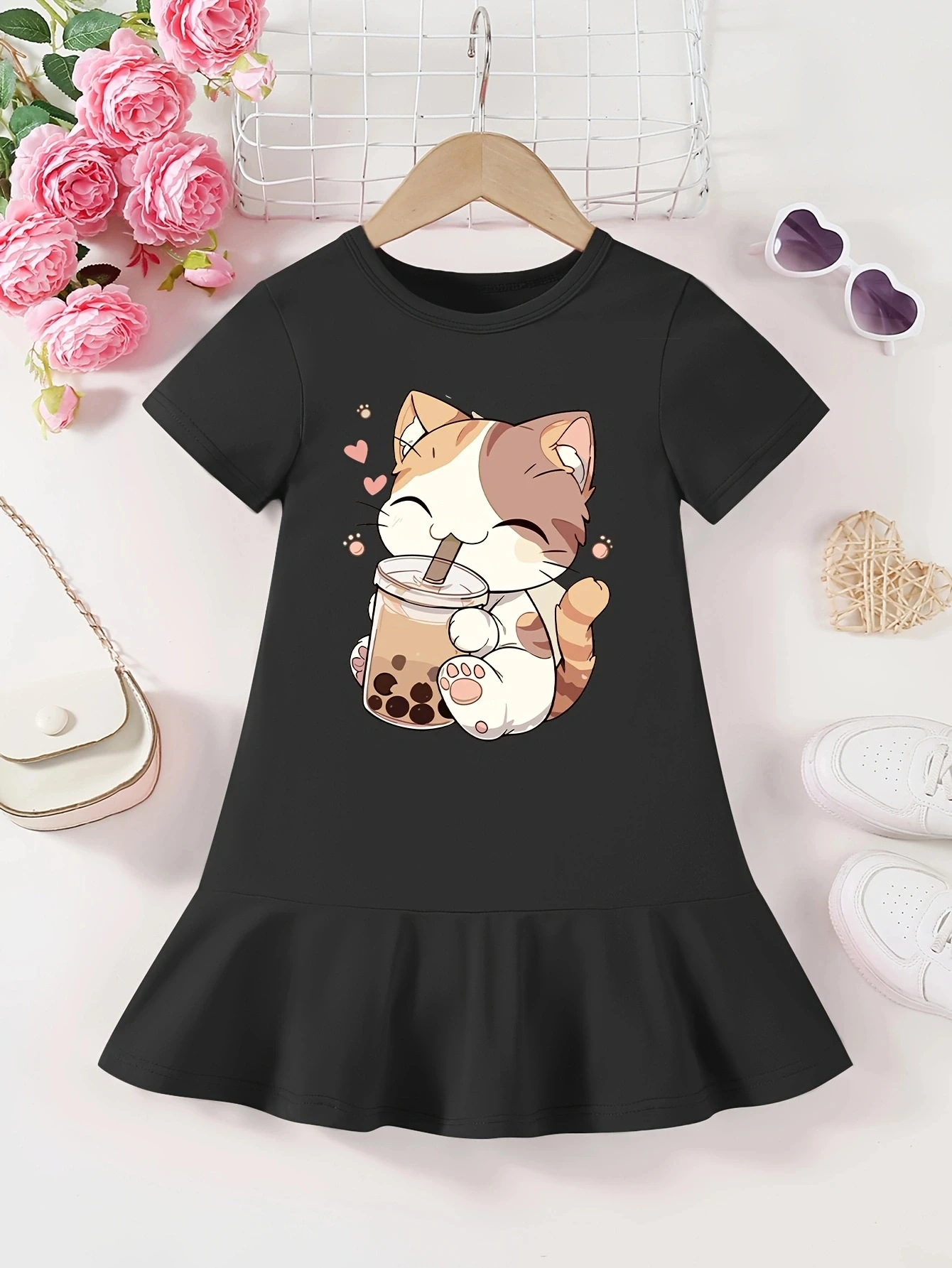 Vestido cómodo y a la moda de verano para niñas, estampado de té de gato y leche, Falda plisada dulce, falda informal de princesa con hojas de loto
