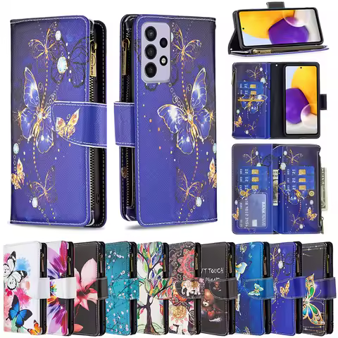 Painted PU Leather Zipper Wallet Case For Samsung Galaxy S23 Ultra S22 S21 Plus S20 FE A13 A33 A34 A51 A52 A53 A54 A71 A72 A73