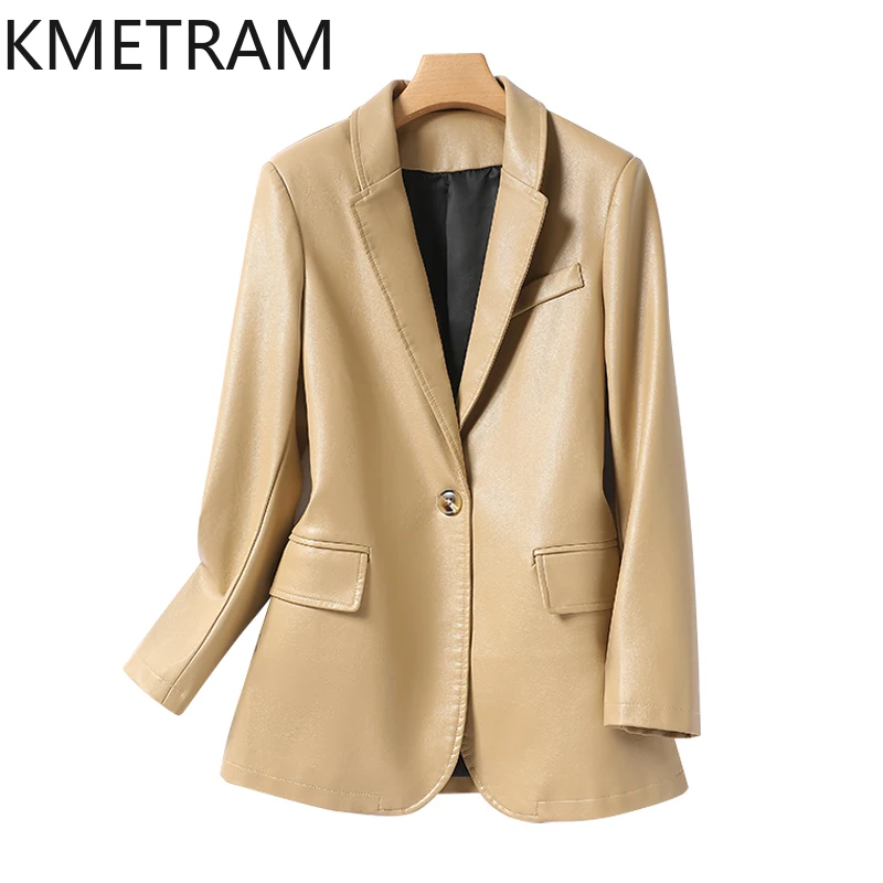 KMETRAM-Veste courte en cuir véritable 100% peau de mouton pour femme, vêtement moulant, coupe cintrée, mode printemps 2024