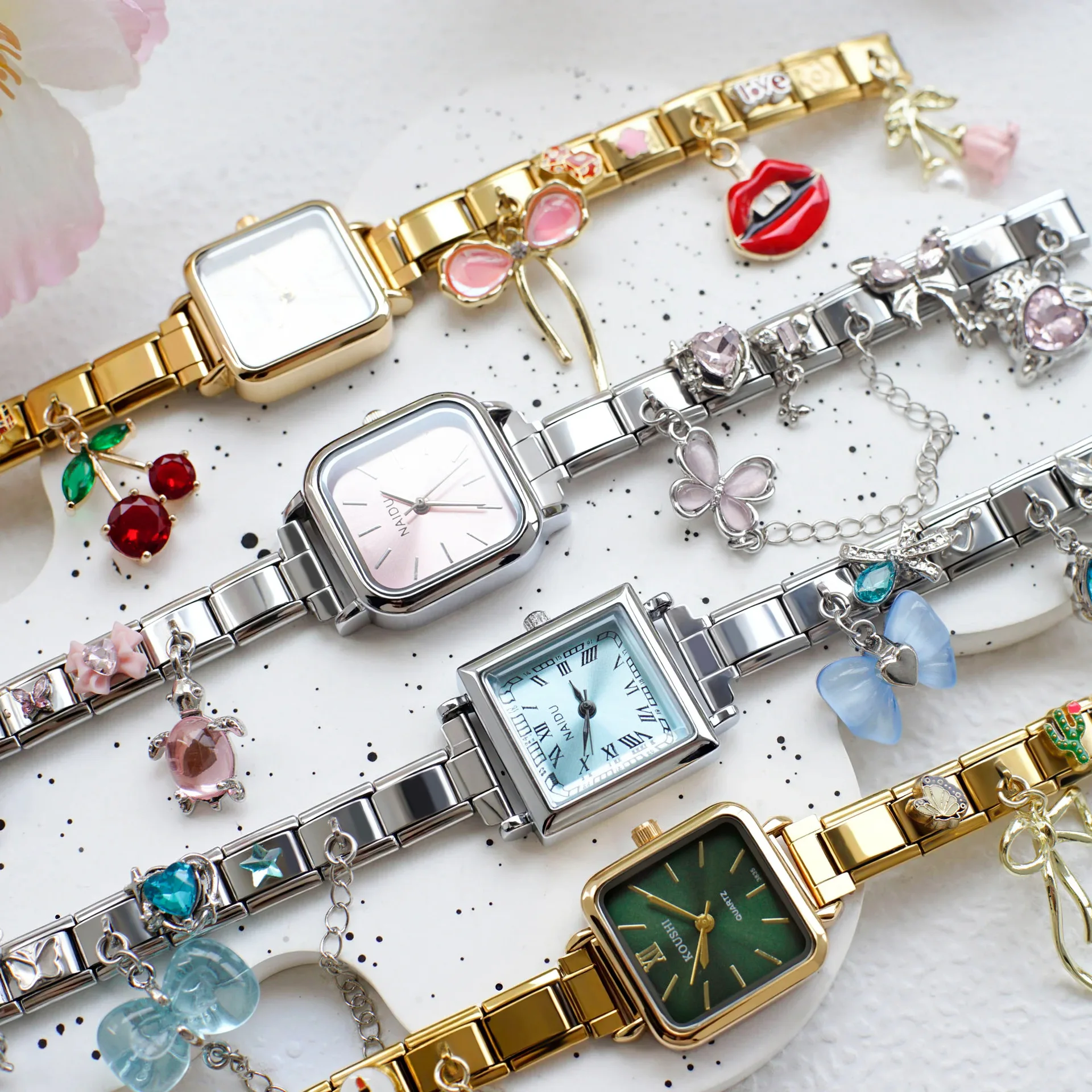 Fashion Square Italian Watch Stainless Steel Link Bracelet Quartz Wristwatch DIY Charms Beads Ladies Dress Watch Fashion Jewelry