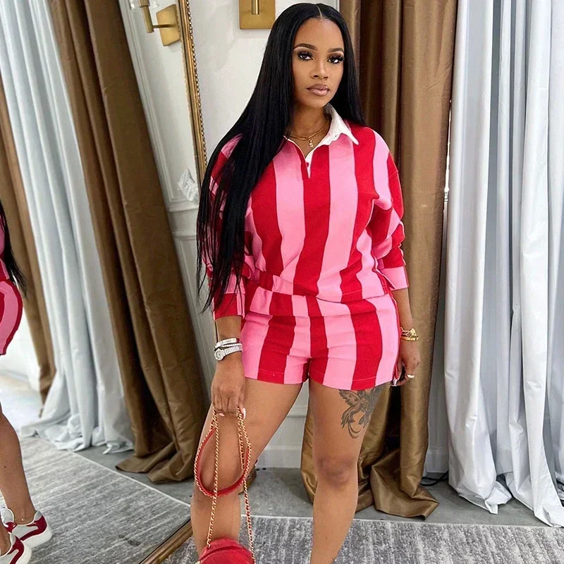 مخطط طباعة Sweatsuits امرأة 2 قطعة وتتسابق رياضي تجريب بدوره إلى أسفل طوق البلوز بلوزات والسراويل فرقة الركض فام