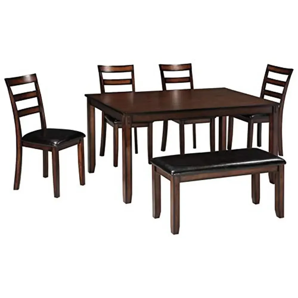 Juego de comedor de 6 piezas, mesa rústica estilo granja, sillas, banco, madera marrón oscuro, tapicería cómoda, fácil montaje