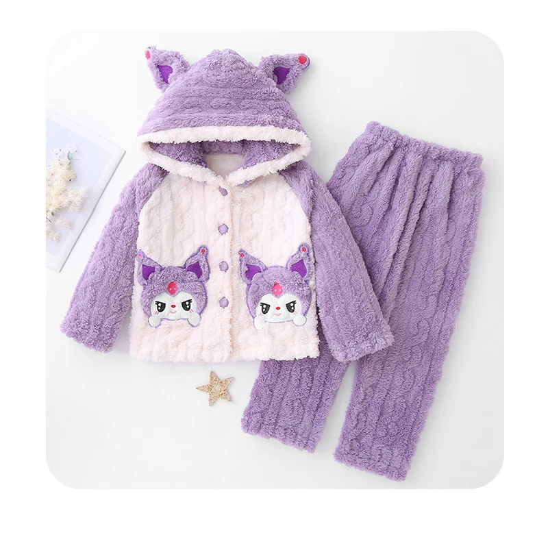 Kawaii Sanrioed Winter girls hooded cardigan pajamas Cute cartoon HelloKittyed My Melody Cinnamoroll Warm Home Clothing Set