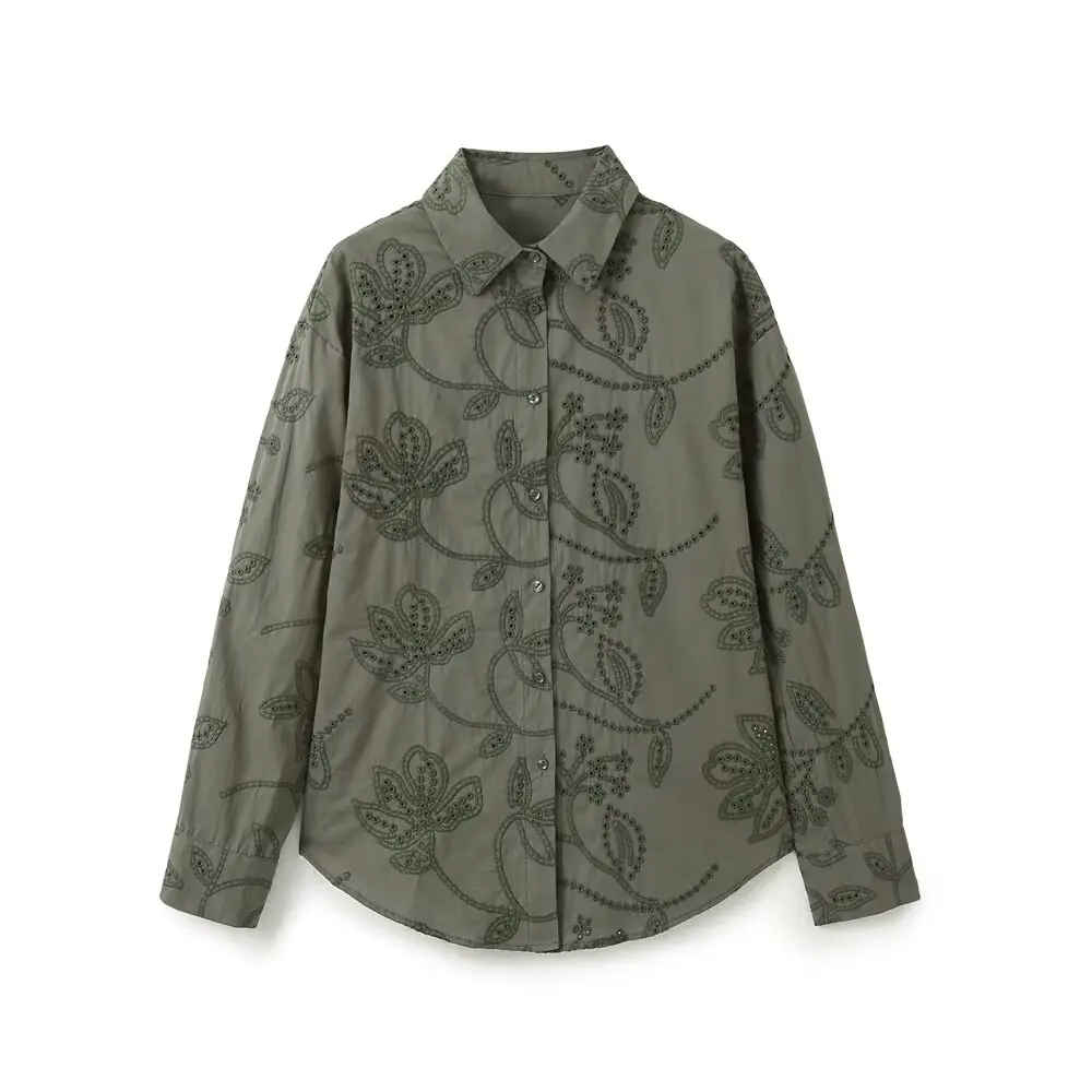 

Новая женская модная повседневная однобортная рубашка с вышивкой в стиле ретро, женская рубашка с длинными рукавами и лацканами, шикарный топ