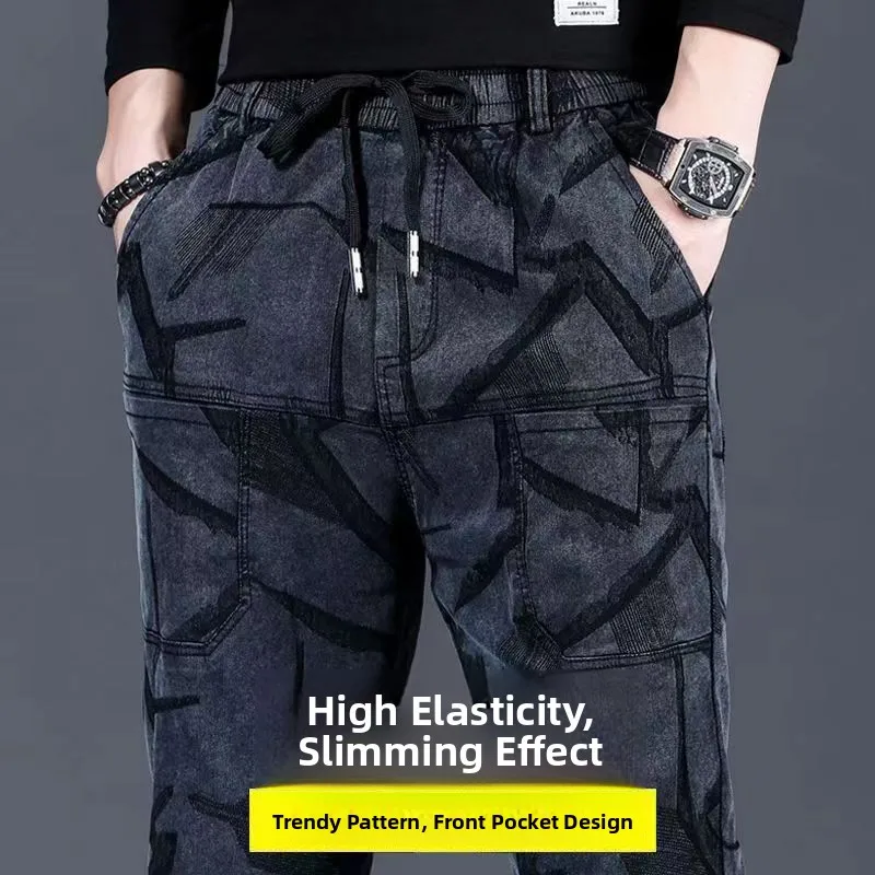 Loose Straight Leg Men's Jeans Casual Cotton Denim Spring Autumn Wear Resistant Multi Pocket Printed Long Trousers