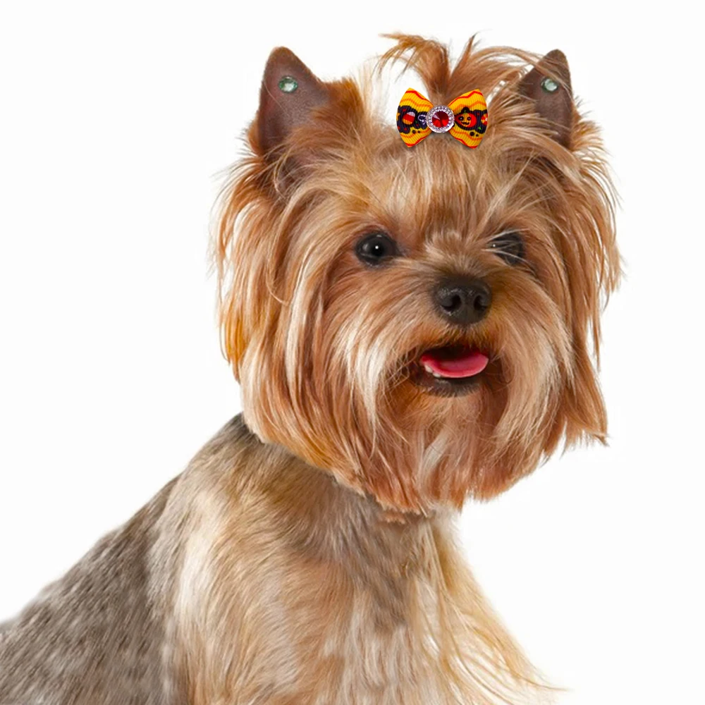 10pcs Halloween Pet Dog Hair Bows With Diomand Grooming Dog Bowknot Rubber Band Dog Bows For Puppy Party Holiday Pet Supplies