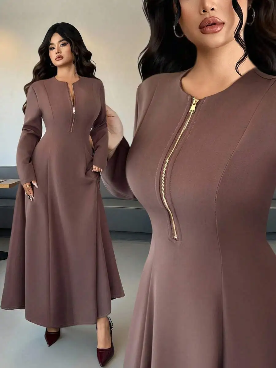 

Plus Size Long Sleeve Zipper Front Midi Dress with Cinched Waist