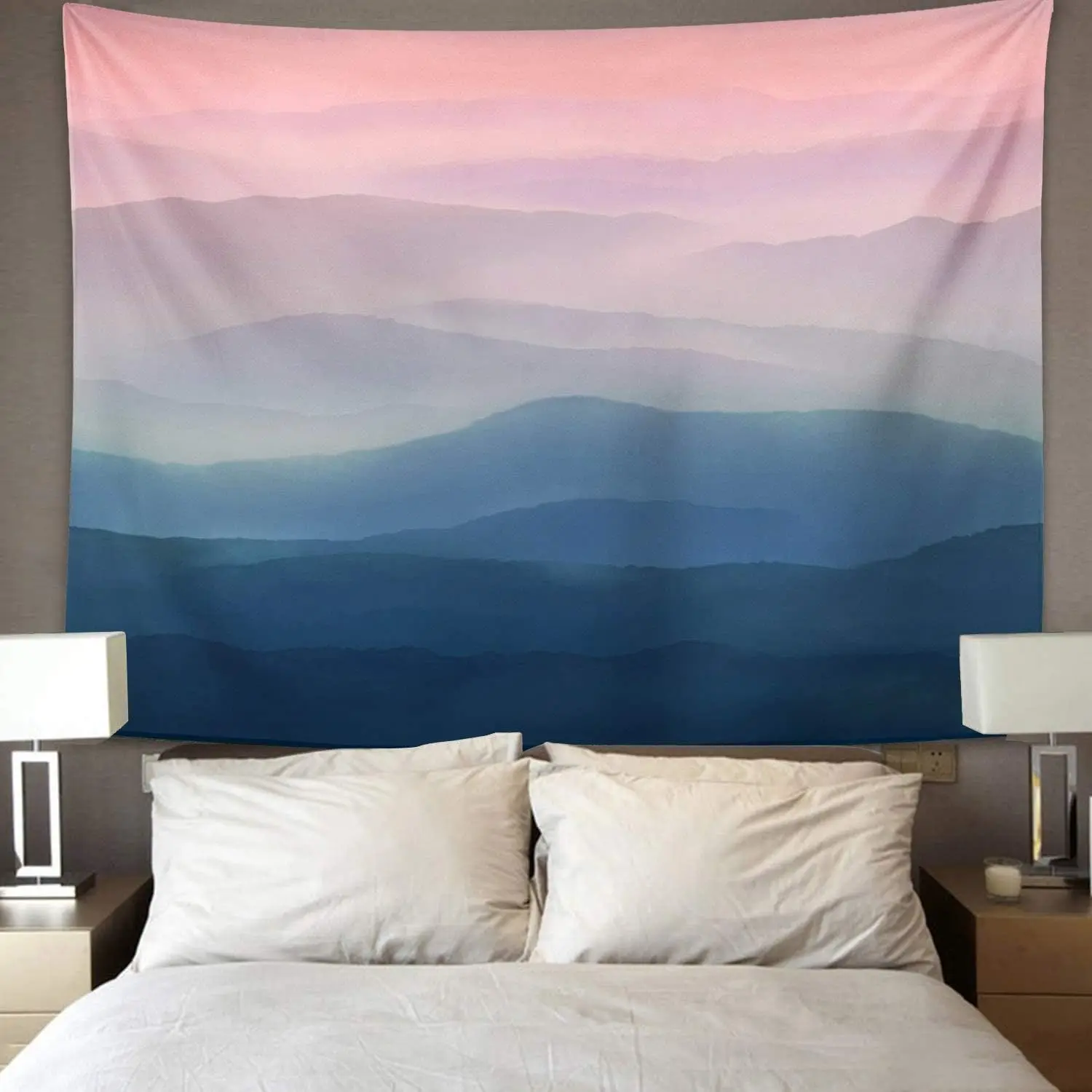 Gray Hazy Pastel Sky in Watercolor Blue Pink High Resolution Landscape Scene Home Decor Wall Hanging for Living Room Bedroom
